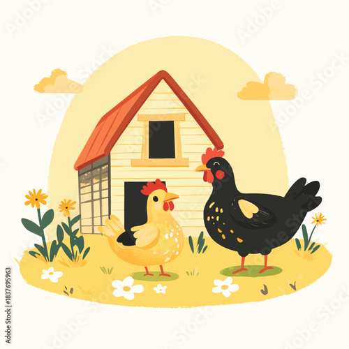 chickens standing field next barn environmental key head egg second calf illustration children store optimism soft yellow background , vector style simple color