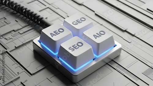 Four glowing keyboard keys labeled aeo, seo, geo, and aio on a futuristic circuit board background, representing digital marketing concepts