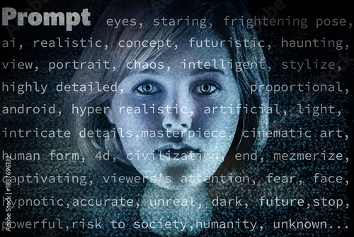 AI humanoid portrait with prompt text