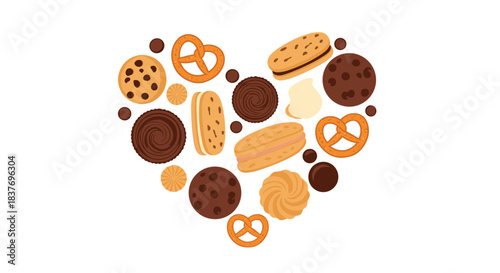 Assortment of delicious cookies including chocolate chip pretzels and sandwich cookies arranged together to form a heart shape.