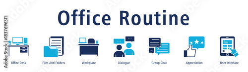 Banner showing daily office routines through desks, files, dialogues, chats and UI.