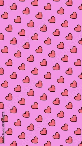 Repeating pattern featuring cartoon pink hearts with black outlines. Vertical video perfect for valentines day cards, wedding invitations, and social media posts.