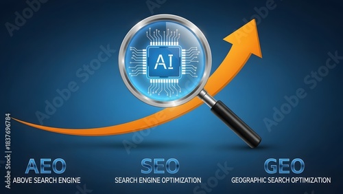 Magnifying glass focusing on ai with upward arrow and SEO, AEO, and GEO text on blue background