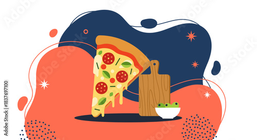 Modern flat design vector illustration featuring a delicious, melting slice of pizza topped with pepperoni and basil. The vibrant graphic includes abstract coral and navy organic shapes, alongside a w