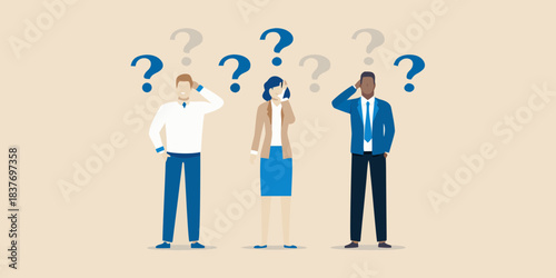 People surrounded by question marks illustrating uncertainty and seeking answers