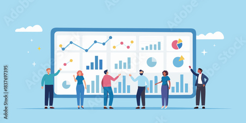Team analyzing data and insights displayed on a large digital dashboard