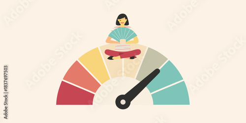 Woman meditating atop a colorful gauge with a needle indicating progress