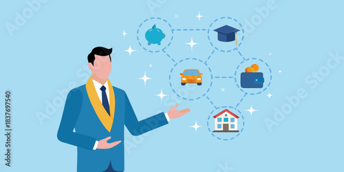 A man presenting financial goals house car education savings and investment