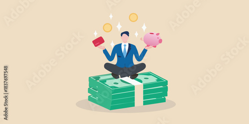 A man balances money and a piggy bank symbolizing financial stability