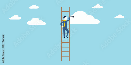 Businessman climbs ladder looking through telescope toward distant clouds above