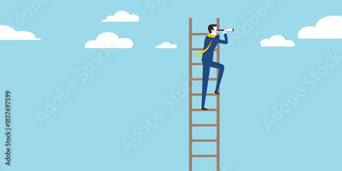 A businessman climbs a ladder looking through binoculars at the future