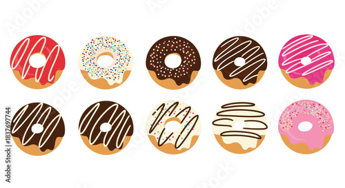 Set of ten delicious donuts with various colorful frosting toppings and sprinkles isolated on a white background for bakery designs.