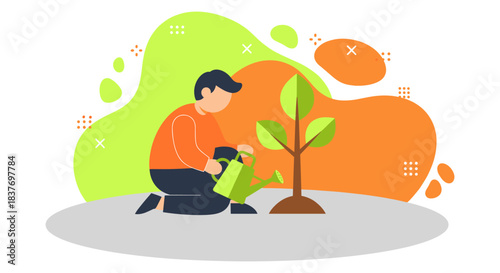 Flat vector illustration depicting a dedicated man kneeling and watering a newly planted sapling with a watering can. This modern graphic symbolizes environmental stewardship, sustainability, future g
