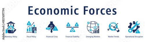 Economic Forces banner illustrating monetary moves, fiscal actions, crisis elements, stability, markets, trends and disruptions shaping the economy.