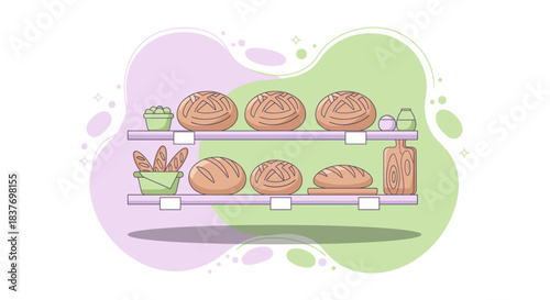 Vector Illustration of Bakery Bread Display Shelf Retail Shop