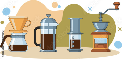 A detailed vector illustration showcasing popular manual specialty coffee brewing equipment, including a pour-over dripper setup, French press, AeroPress device, and a manual bean grinder. This graphi