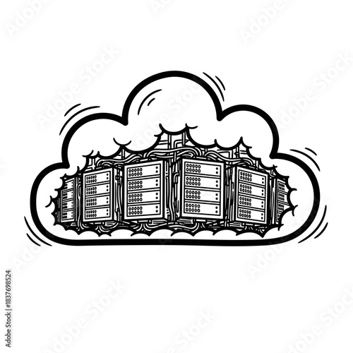 Cloud illustration featuring a data server within a stylized cloud  