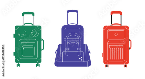 Three sets of colorful travel luggage in green blue and red are shown in a simple outline style perfect for vacation icons.