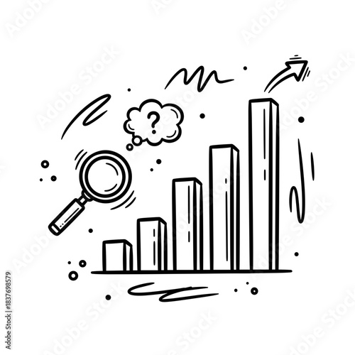 Data analytics growth chart with magnifying glass and question mark  