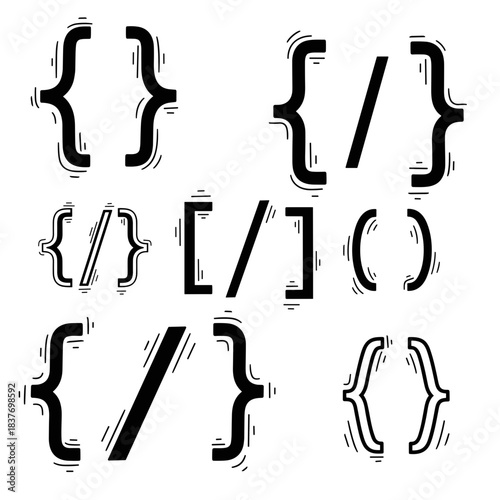 Set of graphic code brackets and symbols in black and white design  