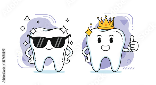 Two cute cartoon tooth characters one cool with sunglasses and the other wearing a crown show off their healthy sparkling smiles.