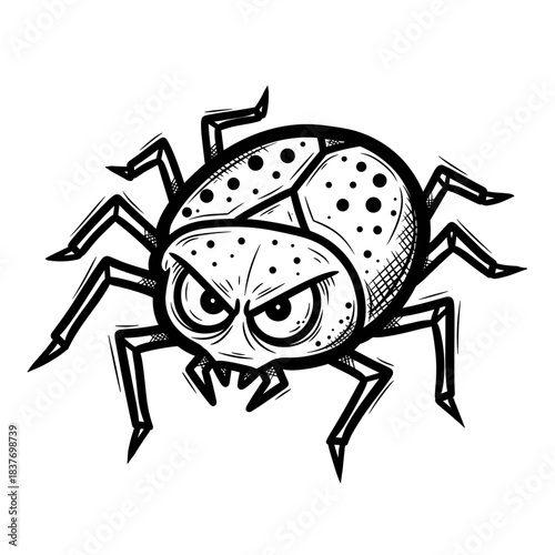Angry bug illustration in black and white with detailed features  