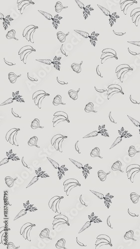 Vertical video pattern featuring carrots, garlic, bananas, and peppers with scribble looping animation. Perfect for kitchen decor, food packaging, recipe cards, and cooking blogs.