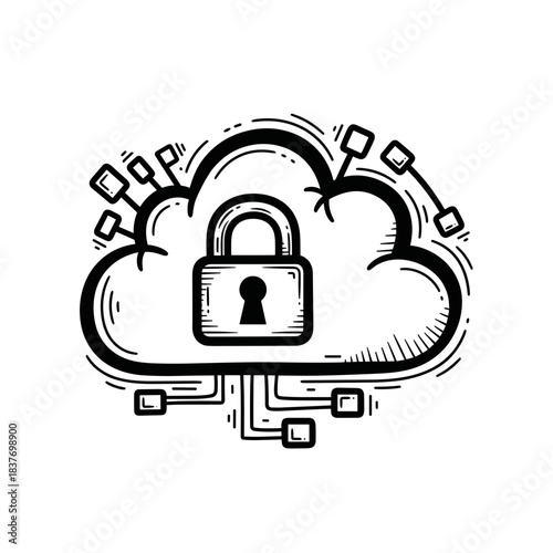 Secure cloud with lock icon and digital connections in sketch style  
