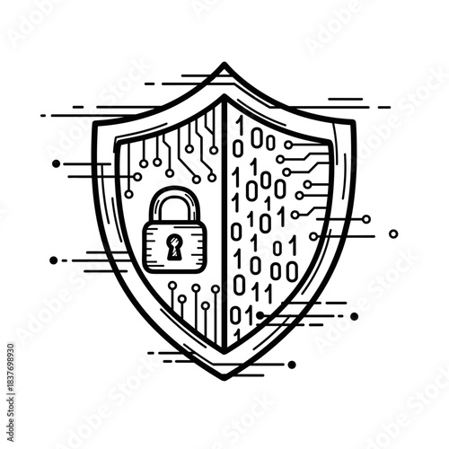 Shield emblem with lock and binary code in digital style  