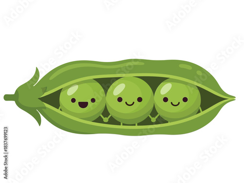Three cute cartoon peas smiling happily inside a green pea pod, with one pea on the left having its mouth open in a wide grin.