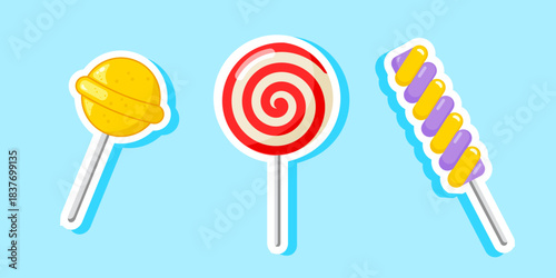 Set Of Stickers Sweet Lollipop Candy Vector Illustration Cartoon 