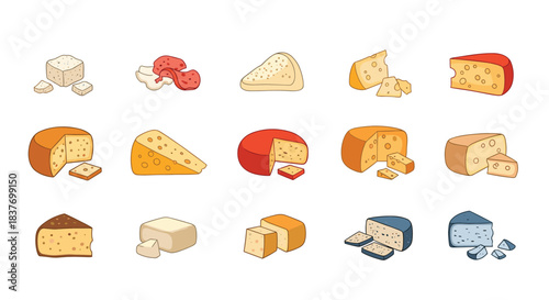 Large set of various types of cheese including cheddar parmesan and swiss is illustrated in a simple cartoon doodle style.