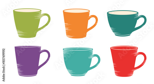 A set of six colorful coffee mugs and tea cups are illustrated in a charming hand-drawn style with a textured sketchy finish.