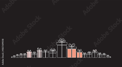 A minimalist border of gift boxes in various sizes with simple line art is shown at the bottom of a dark background.