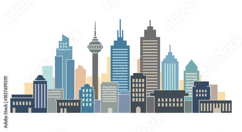 A clean, flat design vector illustration depicting a diverse, modern metropolis cityscape against a white, isolated background. This stylized graphic features skyscrapers, corporate office buildings, 