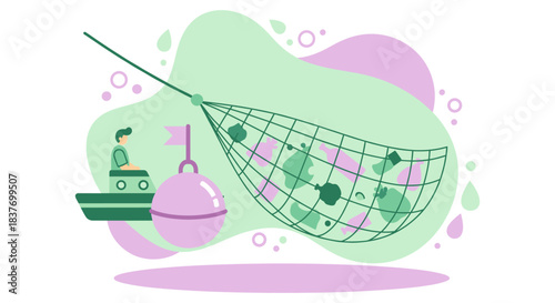 Modern flat vector illustration depicting the business concept of targeted lead generation and data fishing. A small figure on a boat casts a huge net to capture abstract shapes representing potential