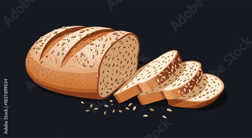 A fresh loaf of sliced whole grain bread with sunflower seeds is illustrated in a realistic style on a dark background.