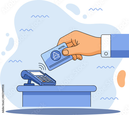 A clear, flat-design vector illustration showing a person's hand using a blue hotel room key card for contactless payment or access at a modern point-of-sale (POS) terminal on a counter. This professi