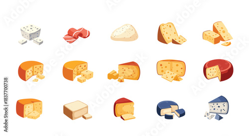 Large collection of various types of cheese including feta cheddar and blue cheese isolated on a clean white background for dairy concepts.