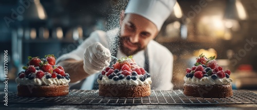 The Chef Decorating Three Berry-Topped Cakes on a Wire Rack in Professional Kitchen