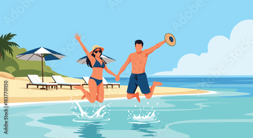 Happy young couple holding hands and jumping joyfully in the water at a tropical beach on a sunny summer day during their vacation.