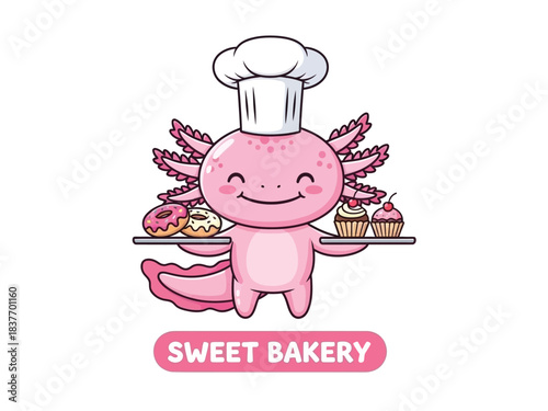 A cute pink axolotl wearing a chef's hat holds a tray of donuts and cupcakes, with "SWEET BAKERY" text below.