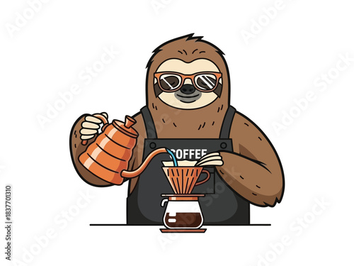 A cartoon sloth wearing sunglasses and an apron carefully brews coffee using a pour-over method.
