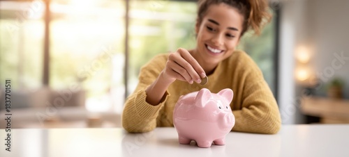 The Piggy Bank and Smiling Young Woman Saving Money at Home