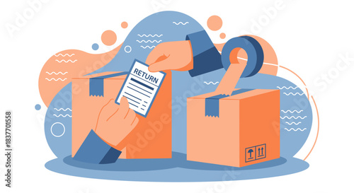 Modern flat vector illustration depicting the commercial process of returning goods bought online. A human hand holds a return form next to sealed cardboard boxes, symbolizing easy e-commerce exchange