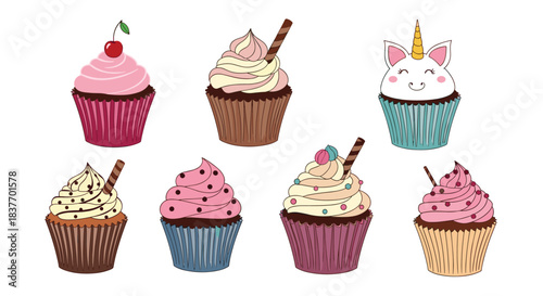 Set of seven cute and colorful cupcakes with various delicious toppings including a unicorn face cherry and chocolate sprinkles.