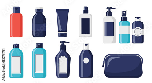 Collection of men's grooming and skincare products in various bottles and tubes with a toiletry bag on a white background.