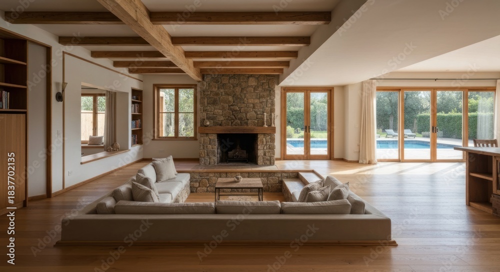 Naklejka premium Open-plan living area with a central sofa, stone fireplace, and pool view