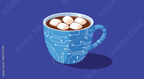 A blue mug of hot chocolate with marshmallows featuring a white circuit board pattern in a modern stylized vector illustration.
