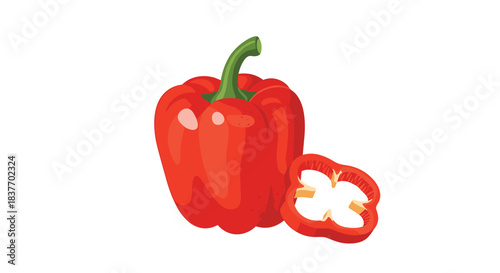 One whole red bell pepper with a green stem and a single cross-section slice isolated on a plain white background for recipes.